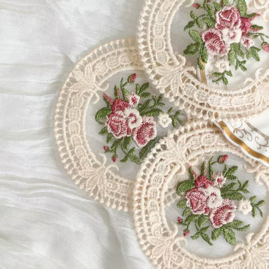 6 Pack Beige Vintage Rose Embroidered Lace Coasters, French Ins Style Round Mesh Heat Resistant Cup Mats Kemu |Fashion Home Kitchen Beauty
