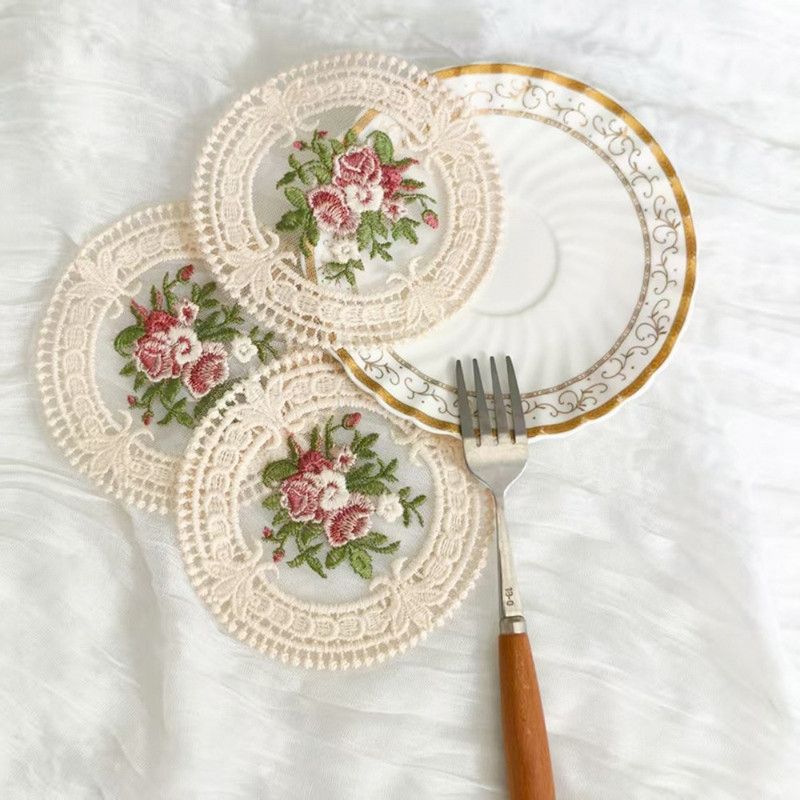 6 Pack Beige Vintage Rose Embroidered Lace Coasters, French Ins Style Round Mesh Heat Resistant Cup Mats Kemu |Fashion Home Kitchen Beauty