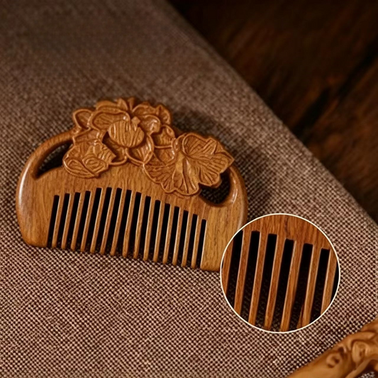 8cm Mini Carved Sandalwood Comb, Vintage Reishi Mushroom 3D Engraved Portable Anti-Static Wooden Scalp Massage Comb