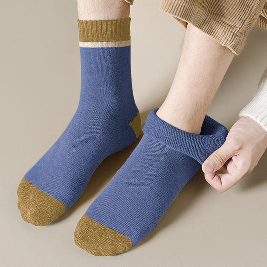 5 Pairs Men Color Block Terry Crew Socks, Thick Warm Minimalist Business Cotton Socks For Autumn Winter