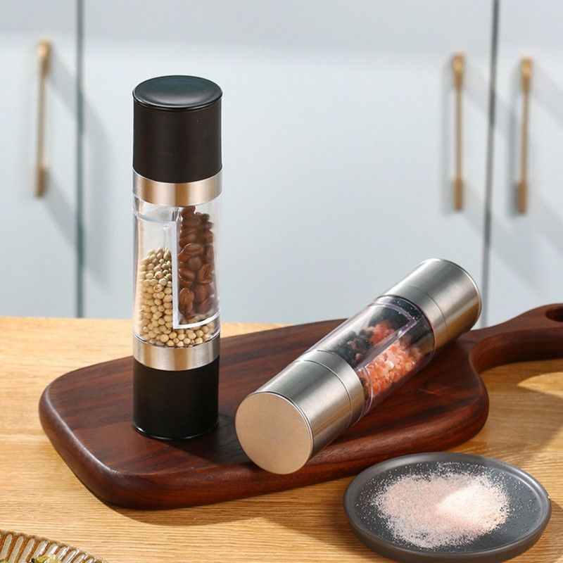 Double-Head Manual Spice Grinder, 2-in-1 Pepper & Sea Salt Mill, Adjustable Coarseness Seasoning Crusher—Silver Kemu |Fashion Home Kitchen Beauty