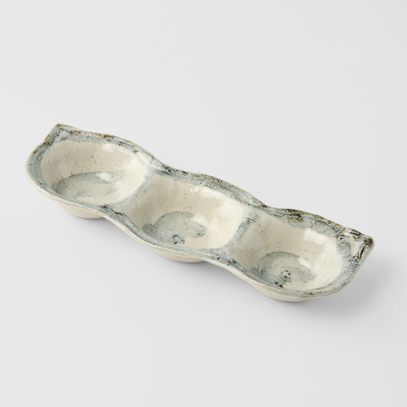 Edamame Triple Pod Dish 200ml Blue White Glaze Kemu |Fashion Home Kitchen Beauty