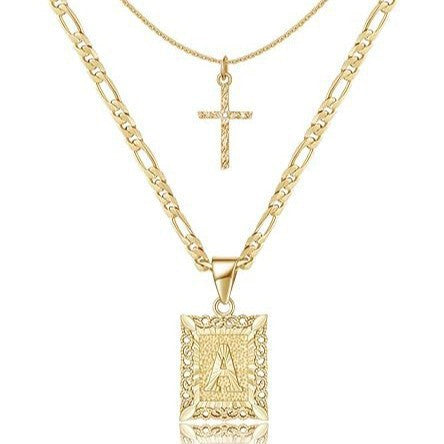 Personalised Copper Adjustable Layered Necklace Set(4PCS) - Custom A-Z Initial Letter Square + Cross Pendant & Double Cross Pendant Stacking Combo Kemu |Fashion Home Kitchen Beauty