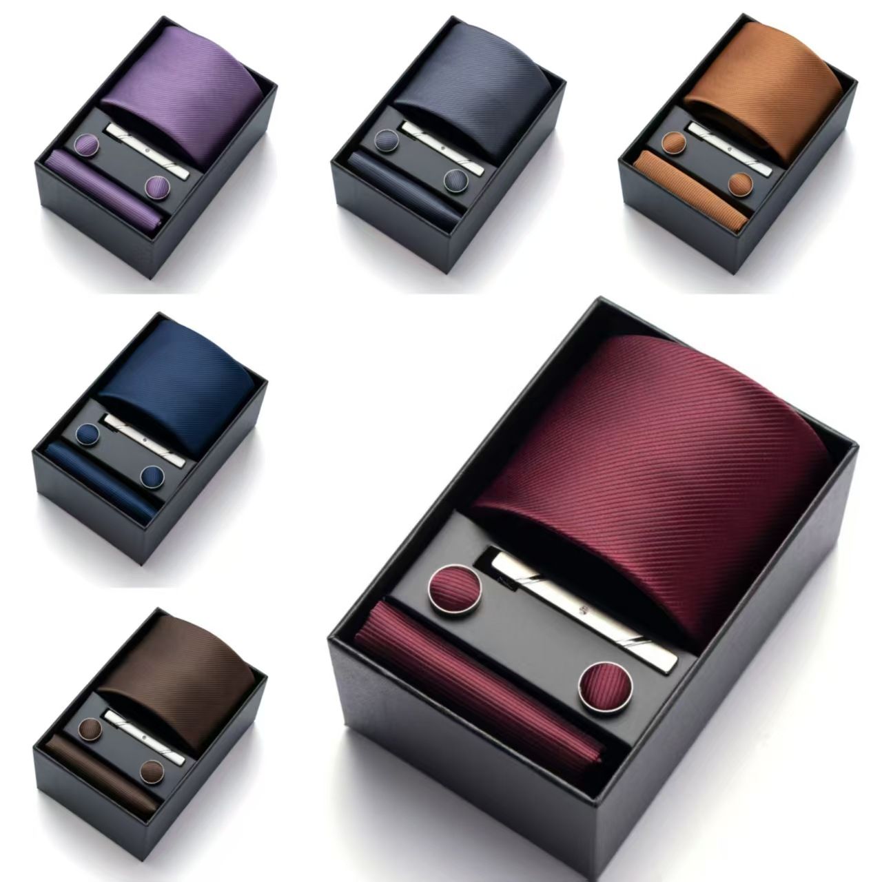HB378 Dark Green Premium Men's 4-Piece Formal Tie Set - Necktie, Pocket Square, Cufflinks, and Tie Clip in a Luxury Gift Box