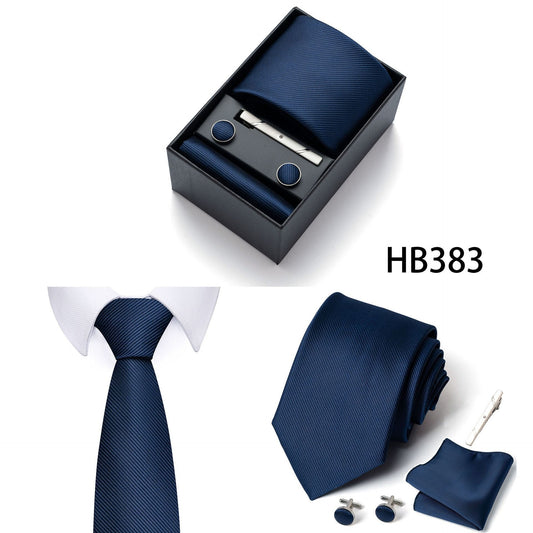 HB383 Dark Blue Premium Men's 4-Piece Formal Tie Set - Necktie, Pocket Square, Cufflinks, and Tie Clip in a Luxury Gift Box Kemu |Fashion Home Kitchen Beauty