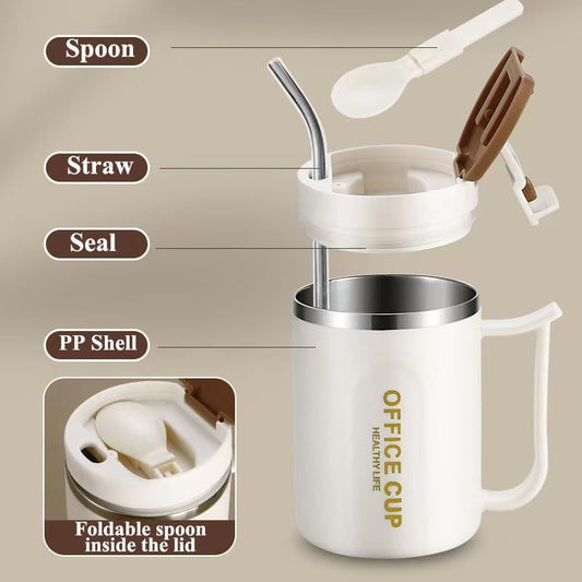 White and Blue 16oz Stainless Steel Office Mug with Phone Stand Lid, Straw and Spoon - 500ML Double Wall Insulated Coffee Cup, Wide Handle and 3 Drinking Ways Kemu |Fashion Home Kitchen Beauty