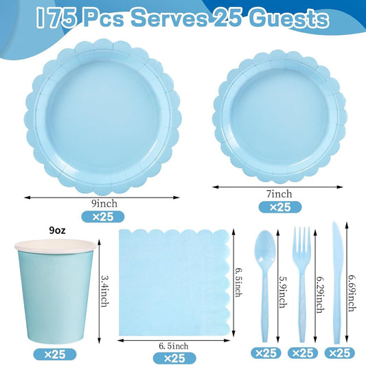 7-Piece Light Blue Scalloped Party Tableware Set for 25 Guests - Disposable Paper Plates 7 / 9 inch, 9oz Cups, Napkins, Cutlery with Matching Tablecloth for Birthday, Baby Shower, EOFY Event Kemu |Fashion Home Kitchen Beauty