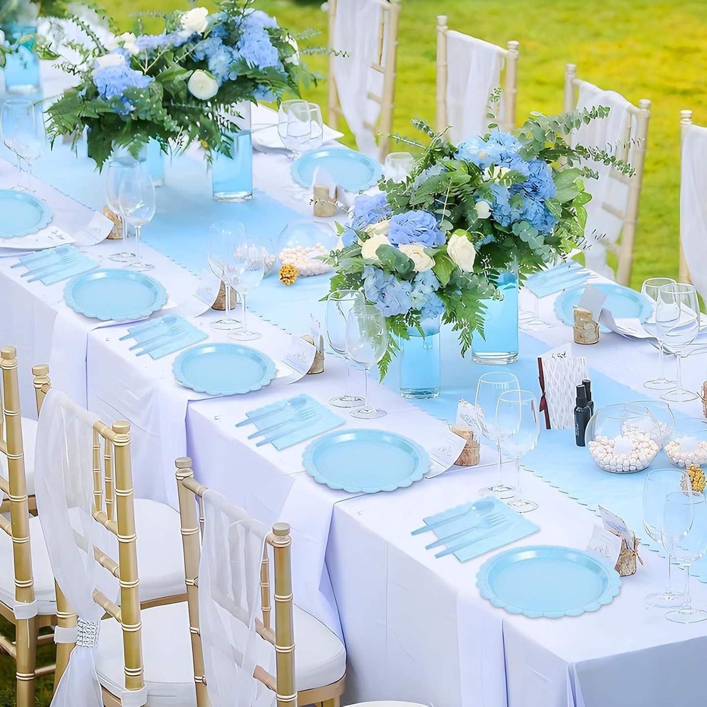 7-Piece Light Blue Scalloped Party Tableware Set for 25 Guests - Disposable Paper Plates 7 / 9 inch, 9oz Cups, Napkins, Cutlery with Matching Tablecloth for Birthday, Baby Shower, EOFY Event Kemu |Fashion Home Kitchen Beauty