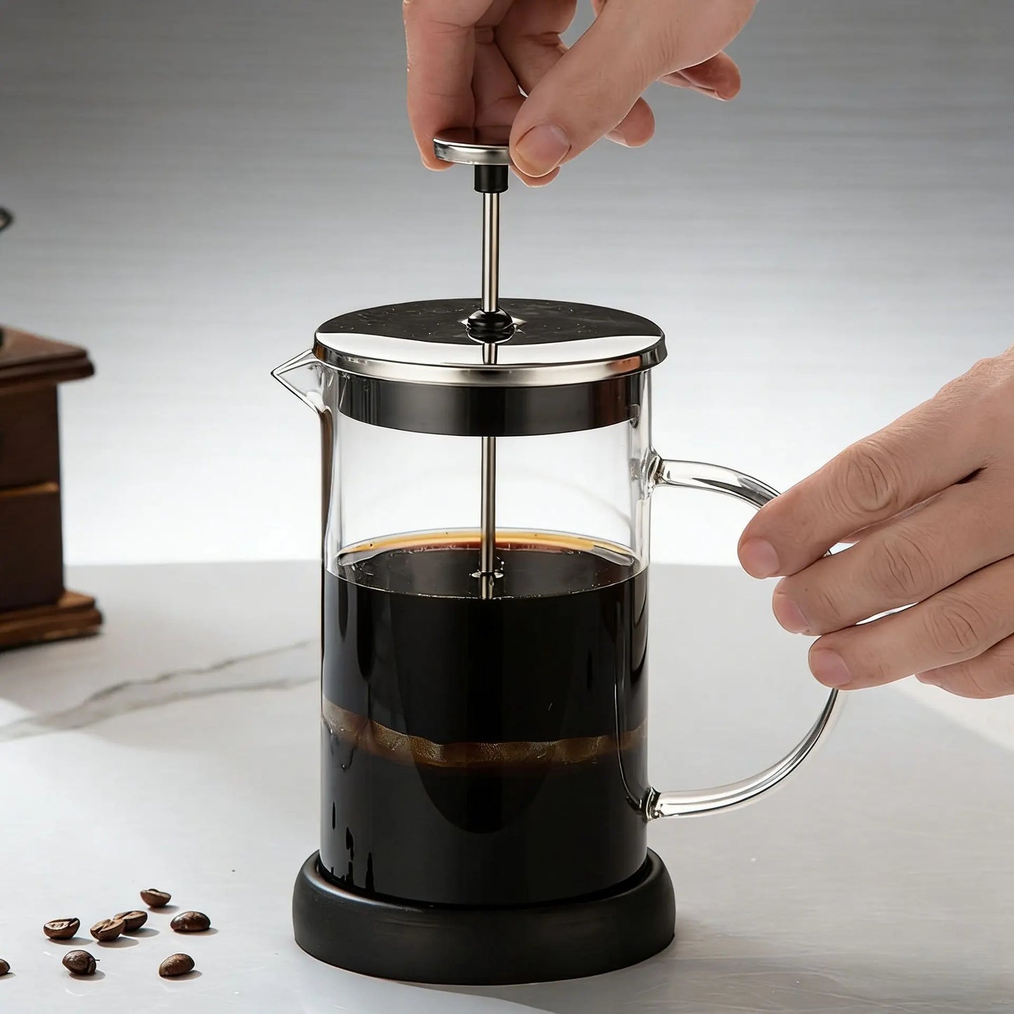 350ML Premium Dual-Layer Borosilicate Glass French Press Coffee Maker with 304 Stainless Steel Lid – High-Density 3D Filter Mesh Cafetiere, Manual Milk Frother and Tea Infuser Pot Kemu |Fashion Home Kitchen Beauty