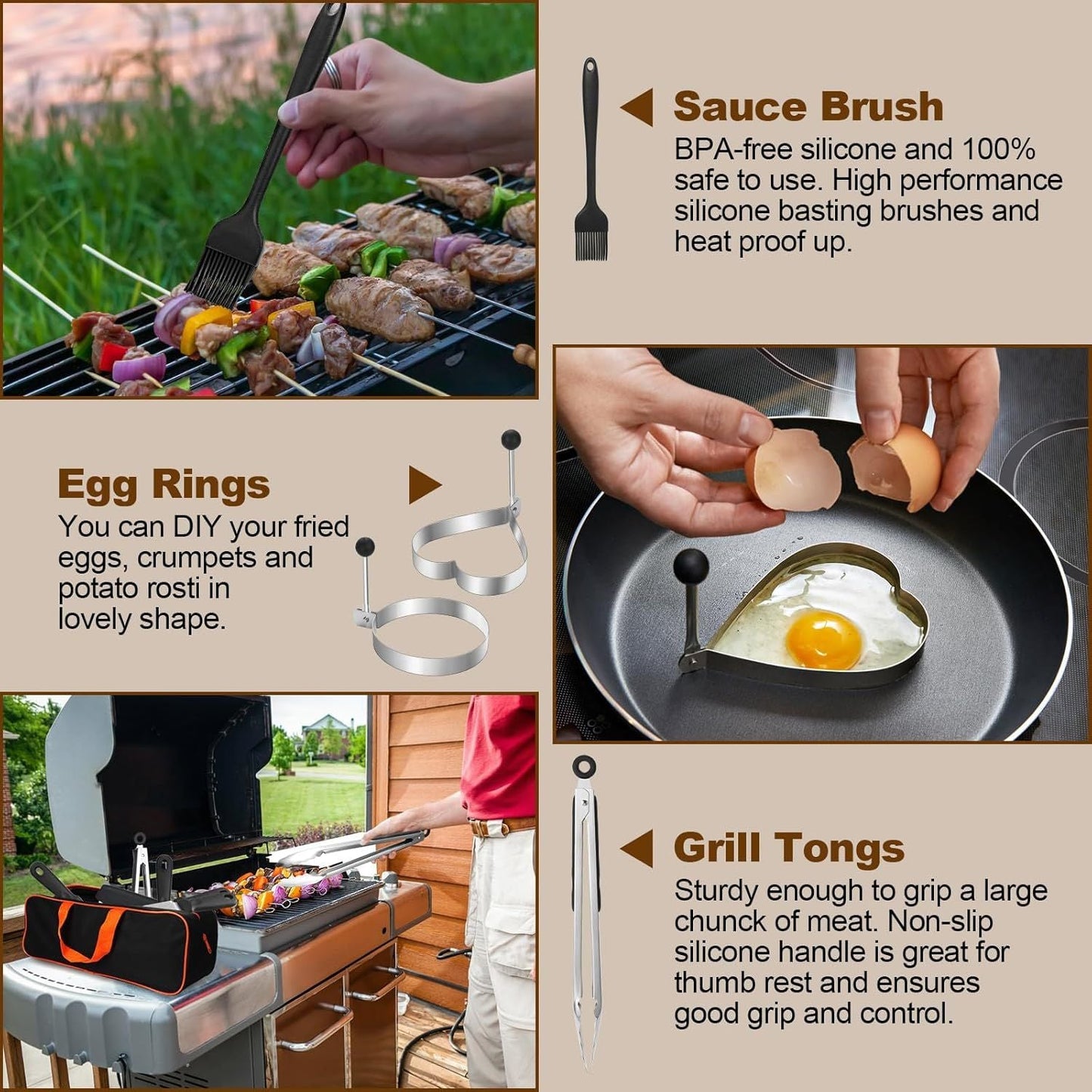 15-Piece Stainless Steel BBQ Griddle Tools and 3-Row Grill Cleaning Wire Brush Set, Portable Outdoor Barbecue Accessories Kit with 4 Spatulas, Tongs, Scraper, Heart / Round Egg Rings, 2 Oil Bottles and Storage Bag Kemu |Fashion Home Kitchen Beauty