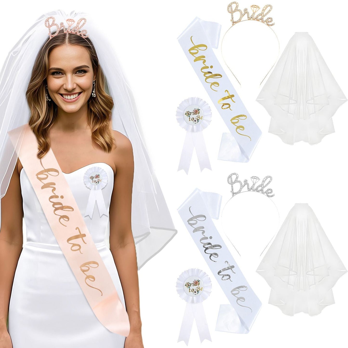 Pink and Gold Bride to Be Bachelorette Party Accessory Set, 4 Piece Bridal Shower Accessories Kit with Rhinestone Headband, Sash, Badge and Double Layer Veil with Comb Kemu |Fashion Home Kitchen Beauty