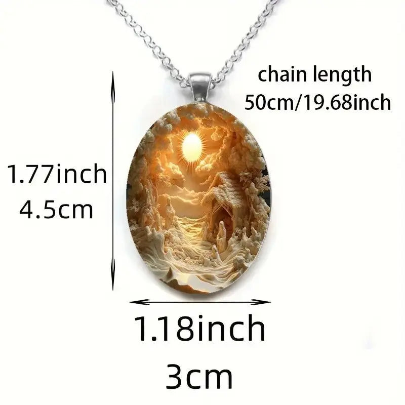 3D Nativity Scene Silver Pendant Necklace & Keyring Set with Gift Box – Christmas Glass Cabochon & Alloy Jewellery Combo for Men and Women Kemu |Fashion Home Kitchen Beauty