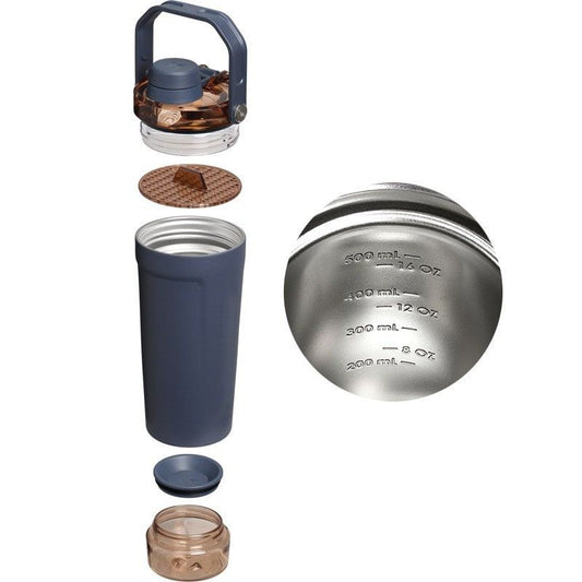 Blue Sports Nutritional Drinkware Set with 16oz Stainless Steel Protein Shaker Bottle and Sliding Anti-spill Scoop - Vacuum Insulated Gym Flask with Detachable Bottom Storage Capsule and Quick-Open Lid, Filter Net & Portable Handle for Gym and Outdoor Wo Kemu |Fashion Home Kitchen Beauty