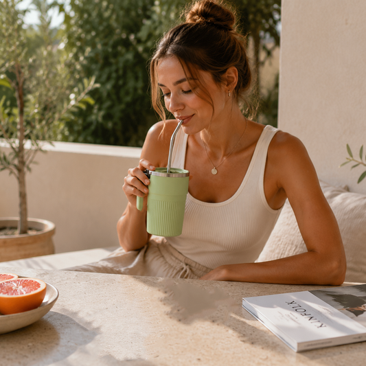 Green Self Stirring Coffee Mug Electric Temperature Display Cup 14.4cm (5.67in) Stainless Steel Insulated Travel Mug with 3-Piece Stainless Steel Straw Set for Coffee Milk Protein Shakes Kemu |Fashion Home Kitchen Beauty