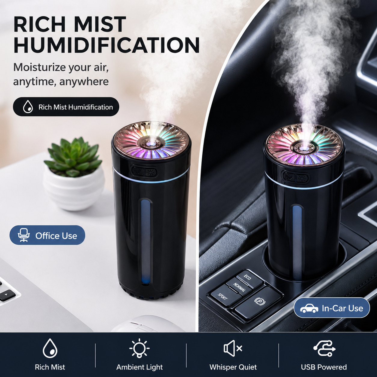 Black USB Rechargeable Car Aroma Diffuser Humidifier with Ambient Light, 300ml Portable Mist Air Freshener for Vehicle Office Home Kemu |Fashion Home Kitchen Beauty