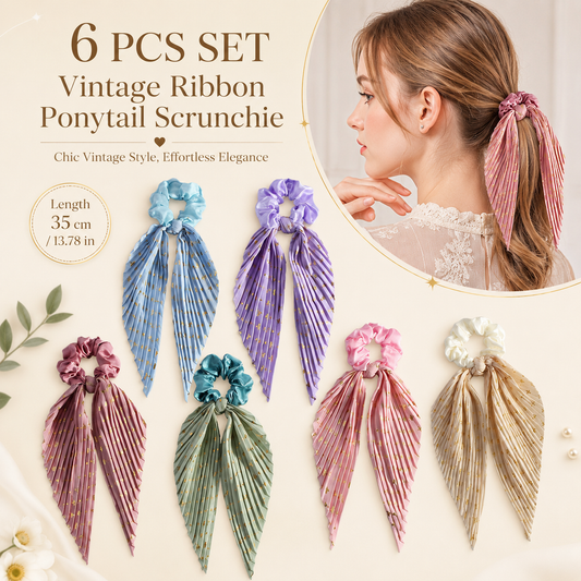 6 Pack Vintage Ribbon Ponytail Scrunchies for Women Pleated Satin Hair Ties with Long Ribbon Tails Elegant Retro Hair Accessories Set for Ponytail Styling Daily Wear Party Travel Gift Kemu |Fashion Home Kitchen Beauty