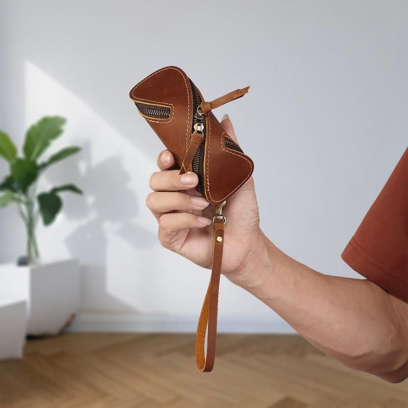 2pcs Retro Genuine Leather Key Pouch(Coffee-colored) - 12.5cm x 5cm - Dual Zipper, Wrist Strap, Belt Loop, Car and Home Key Organizer Kemu |Fashion Home Kitchen Beauty