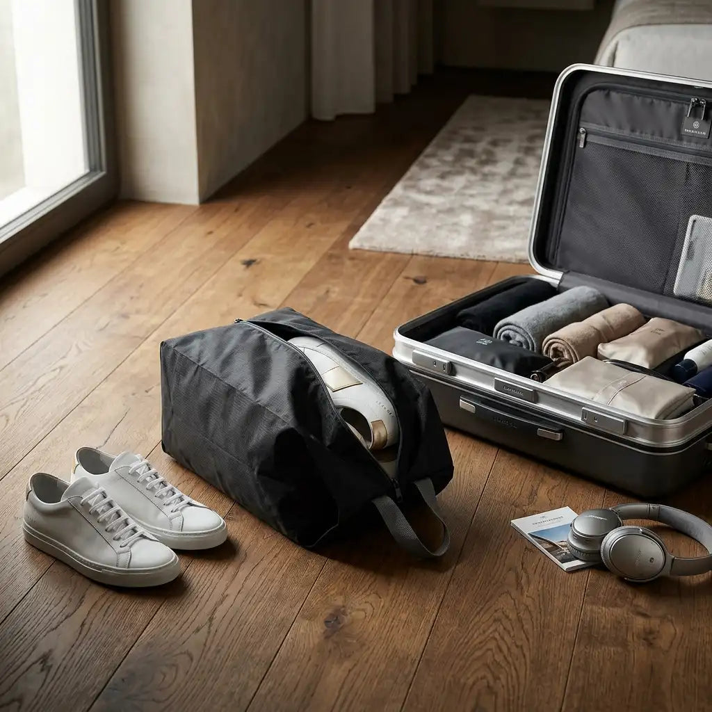 A black soft-sided duffel bag sits on a wooden floor next to an open silver suitcase filled with folded clothes, with white sneakers and over-ear headphones nearby in a bright room.