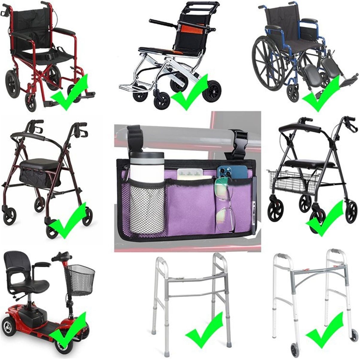 Wheelchair Side Bag, Armrest Storage Pouch with Cup Holder Use of Waterproof Fabric, for Most Wheelchairs, Walkers or Rollators (Purple) Kemu |Fashion Home Kitchen Beauty