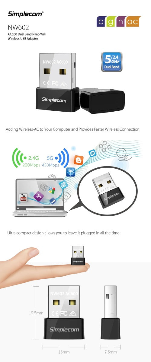 Simplecom NW602 AC600 Dual Band Nano USB WiFi Wireless Adapter Kemu |Fashion Home Kitchen Beauty