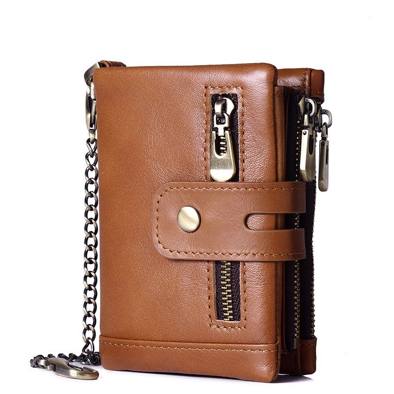 Light Brown RFID Blocking Leather Wallet for Men - Vertical Oil Wax Cowhide Bifold Wallet with Double Zipper, Card Slots & Coin Pocket Kemu |Fashion Home Kitchen Beauty