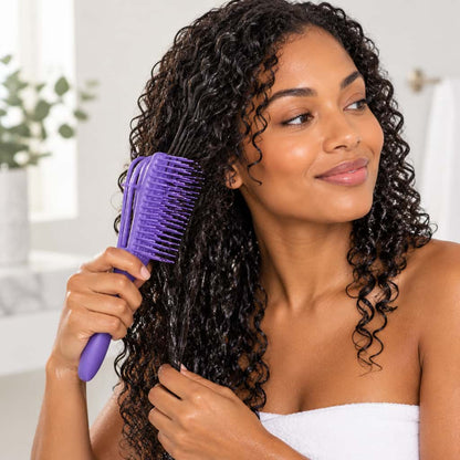 A woman with long, curly dark hair holds a purple hairbrush in a bright bathroom setting.