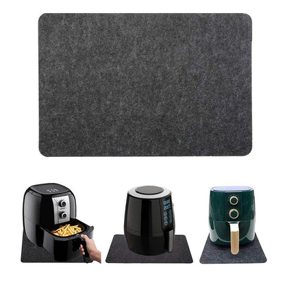 A dark grey Air Fryer Heat Resistant Mat shown in a clean product shot, with three smaller inset photos below demonstrating it under and around air fryers.