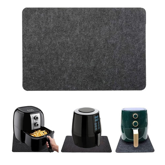 A dark grey Air Fryer Heat Resistant Mat shown in a clean product shot, with three smaller inset photos below demonstrating it under and around air fryers.