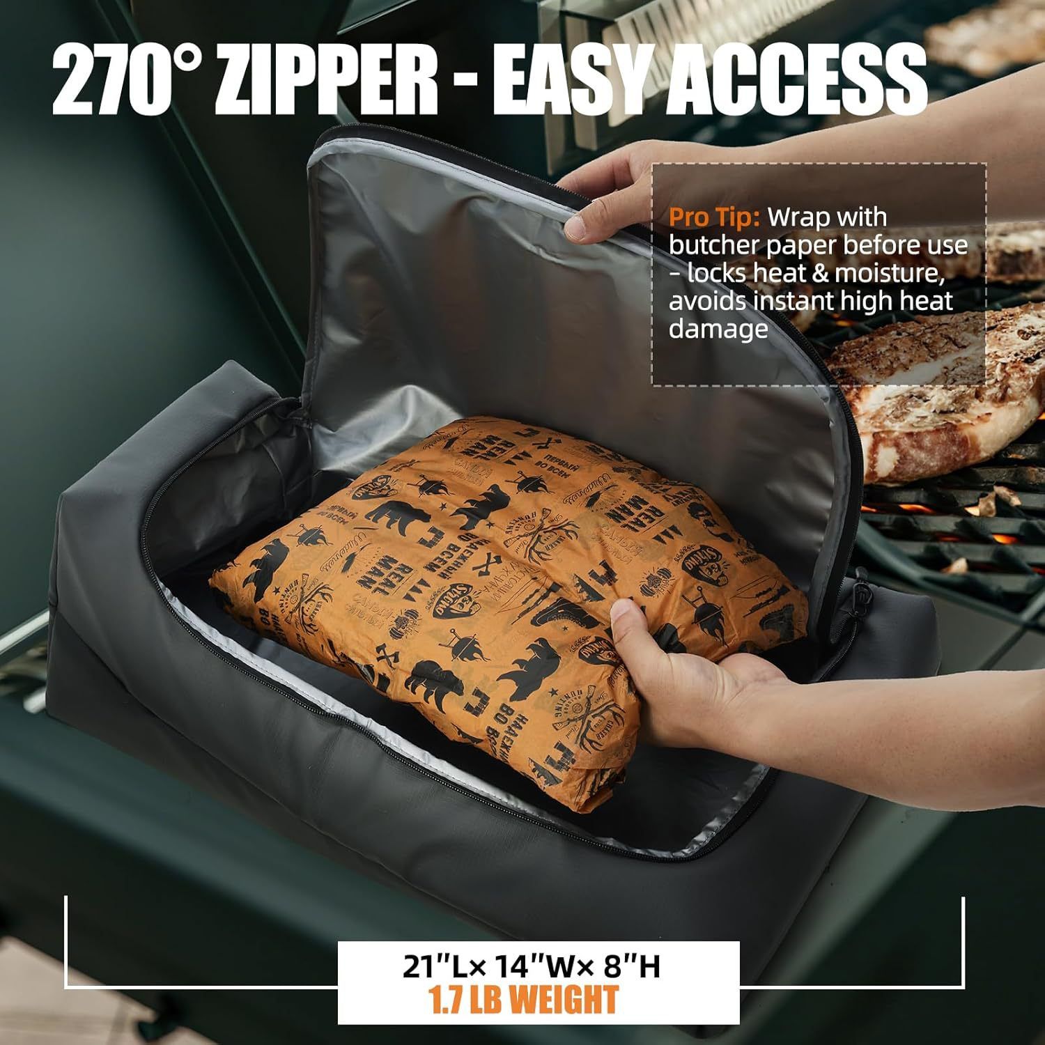 BBQ Blanket for Resting Meat, Leak-Proof Insulated Meat Resting Bag, 270° Top Opening for Large Briskets, Turkey, Washable Smoker Accessories Gifts for Men or BBQ Lovers - 21in Kemu |Fashion Home Kitchen Beauty