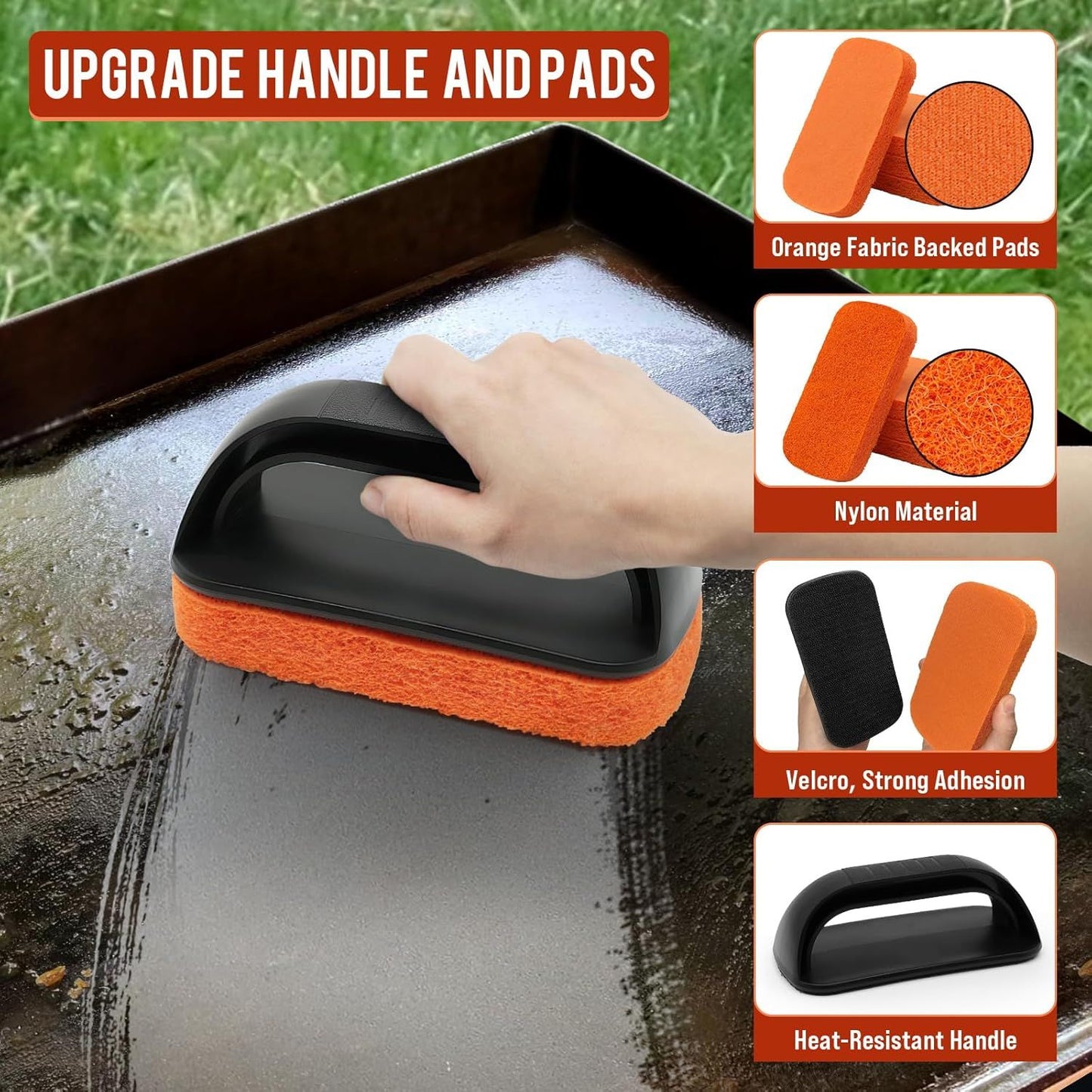 BBQ Grill Cleaning Kit - Grill Scraper, 3 Cleaning Blocks & 4 Nylon Scouring Pads and 2 Ergonomic Handles for Flat Top Grills, Kemu |Fashion Home Kitchen Beauty