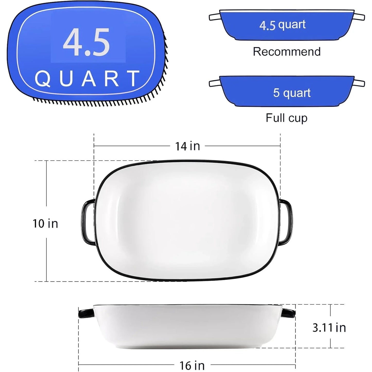 White Ceramic Rectangular Baking Dish, Oven Microwave Refrigerator Disinfection Cabinet and Dishwasher Safe Casserole Pan, 6 Quart, 16 x 11 in Kemu |Fashion Home Kitchen Beauty