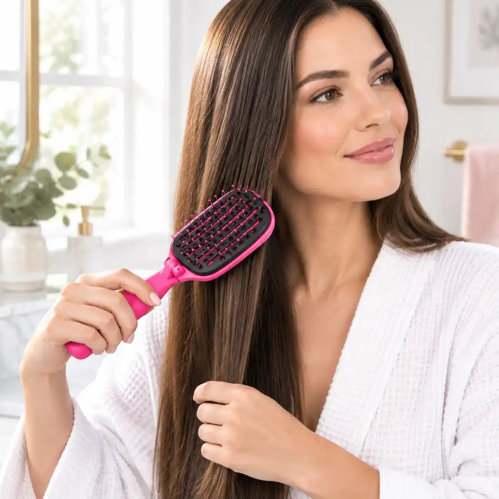 Black & Pink Foldable Vent Hair Brush – Removable Cleaning Pad