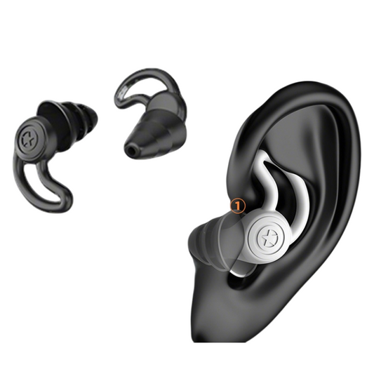 Black wireless earbuds with charging case on a white background