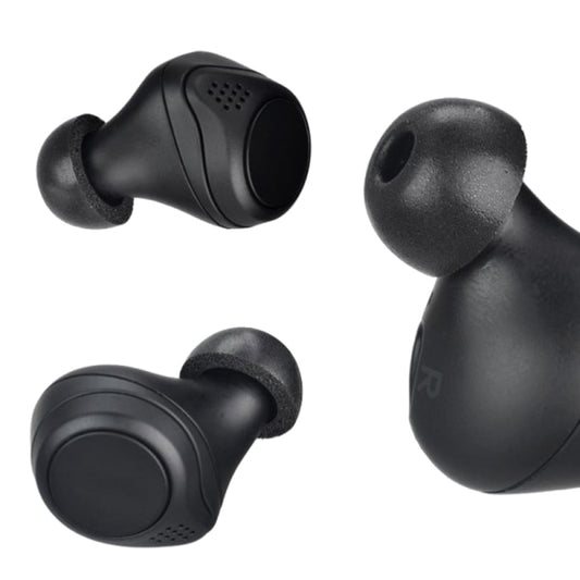 Black wireless earbuds on a white background