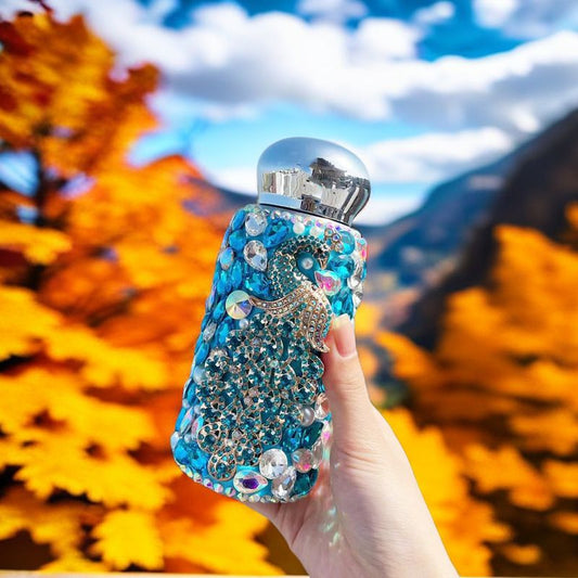 Blue Peacock Pattern Handmade Luxury Diamond Insulated Water Bottle – Bling Rhinestone 304 Stainless Steel Pocket Mug (260ml) Kemu |Fashion Home Kitchen Beauty