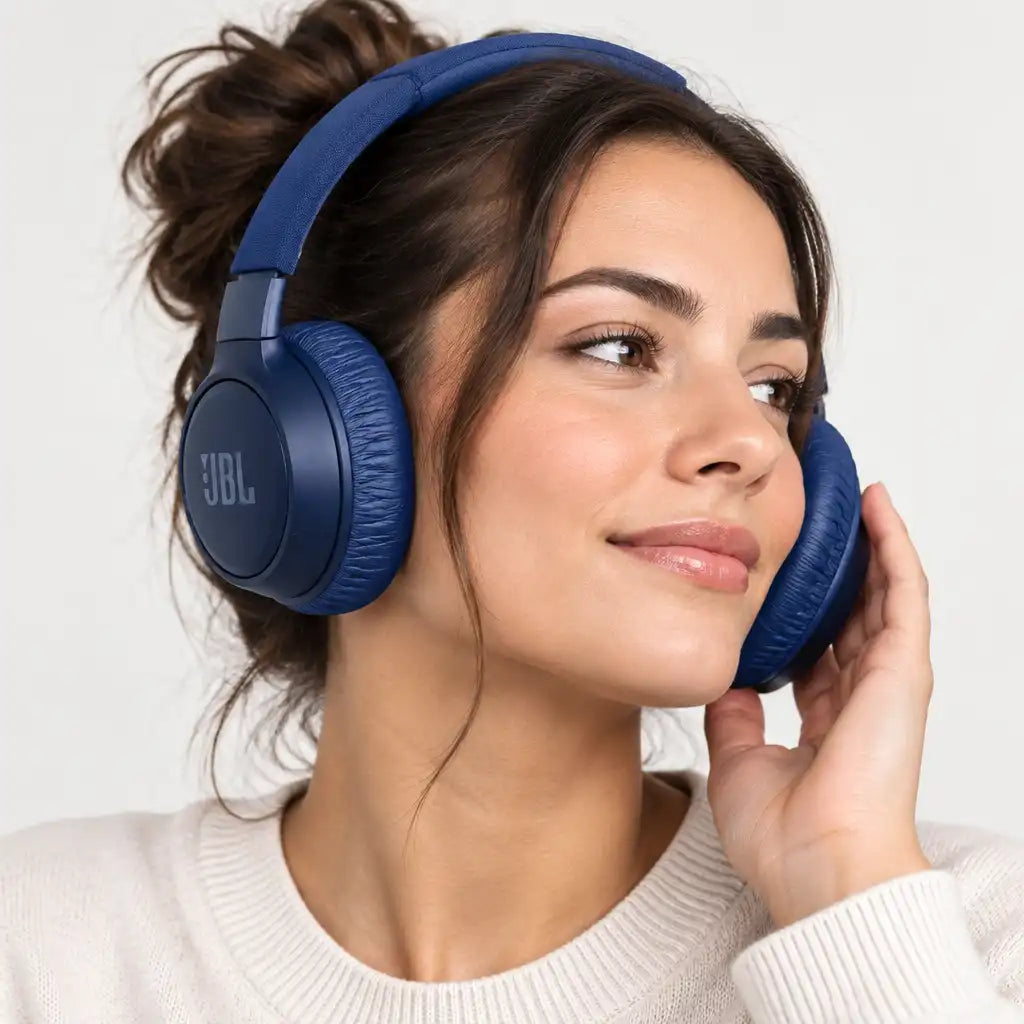 A woman wearing blue JBL over-ear headphones, shown in a close-up profile against a clean light gray background.