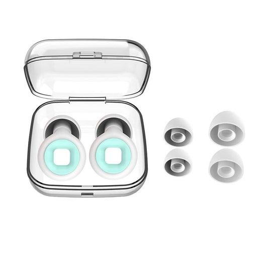 Blue Reusable Loop Ear Plugs with clear case and additional earbud tips on a white background