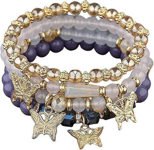 4pcs Set Bohemian Butterfly Crystal Stone Stretch Pendant Bracelets For Women Girls Gold Beaded Stackable Stretch Bracelet Colorful Charm Jewelry Kemu |Fashion Home Kitchen Beauty