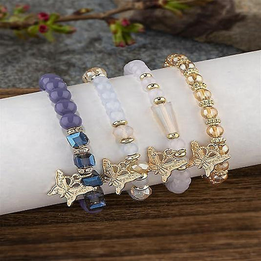 4pcs Set Bohemian Butterfly Crystal Stone Stretch Pendant Bracelets For Women Girls Gold Beaded Stackable Stretch Bracelet Colorful Charm Jewelry Kemu |Fashion Home Kitchen Beauty
