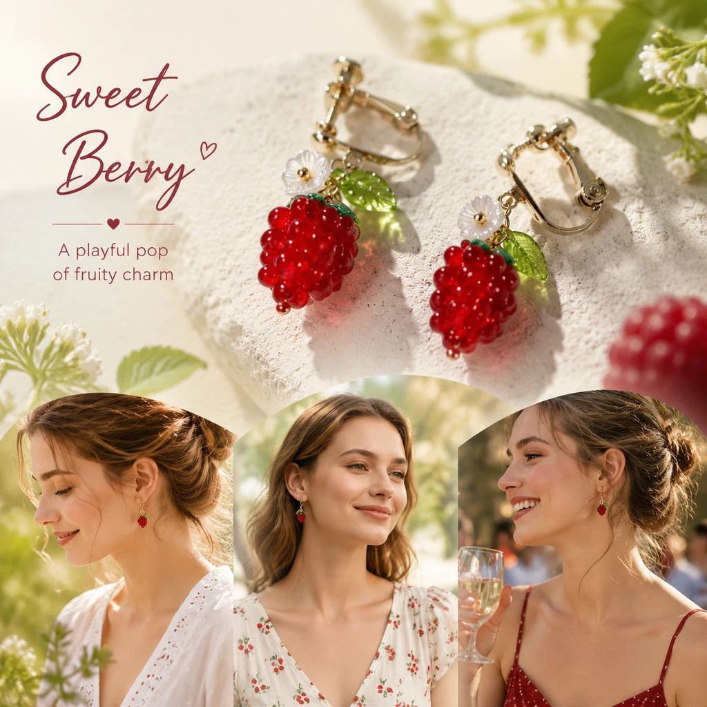 Gentle Clip On Botanical Earrings, Transparent Red Grape Single Leaf Bloom, One Pair Kemu |Fashion Home Kitchen Beauty
