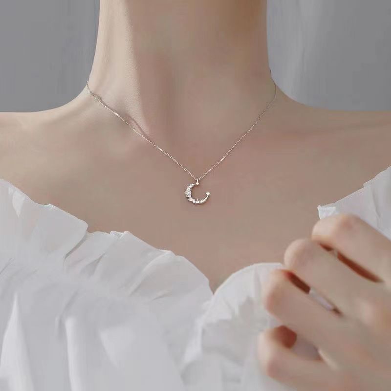 Necklace Women Alloy Bow Water Wave Chain Silver Moon necklace Kemu |Fashion Home Kitchen Beauty