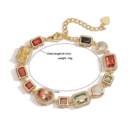 Gold Elegant Light Luxury Geometric Colorful Gemstone Bracelet (L: 16-21CM) - Copper Cuban Chain Cuff Kemu |Fashion Home Kitchen Beauty