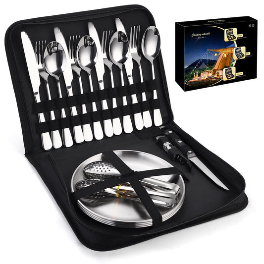 Portable Camping Cutlery Set, Stainless Steel Picnic Utensils with Plates and Bottle Opener, Portable Cooking Utensils for 2, for Camping, Picnic, Outdoor Hiking Kemu |Fashion Home Kitchen Beauty