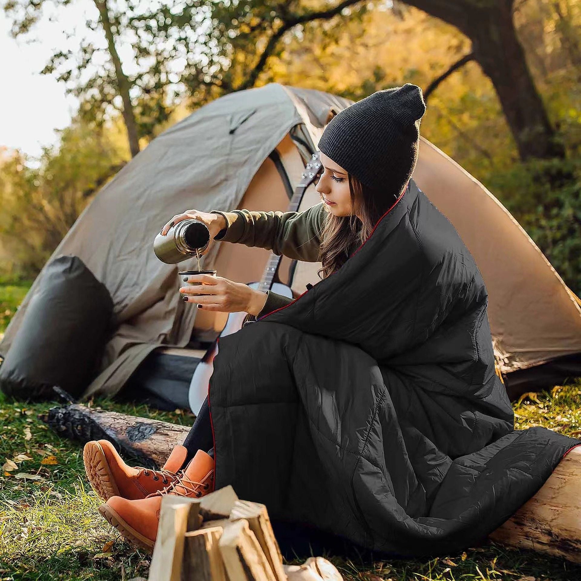 200x140cm Black Large Outdoor Camping Down Cotton Wearable Warmth Blanket, Quilted Poncho Shawl Throw with Storage Bag, Lightweight Warm Camping Quilt for Camping Travel Home Use Kemu |Fashion Home Kitchen Beauty
