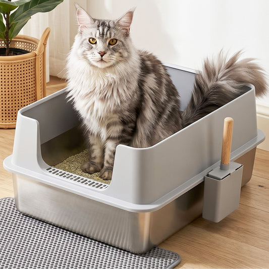 i.Pet XXL Cat Litter Box Stainless Steel Jumbo Semi-Enclosed Pet Kitty Toilet Grey Kemu |Fashion Home Kitchen Beauty