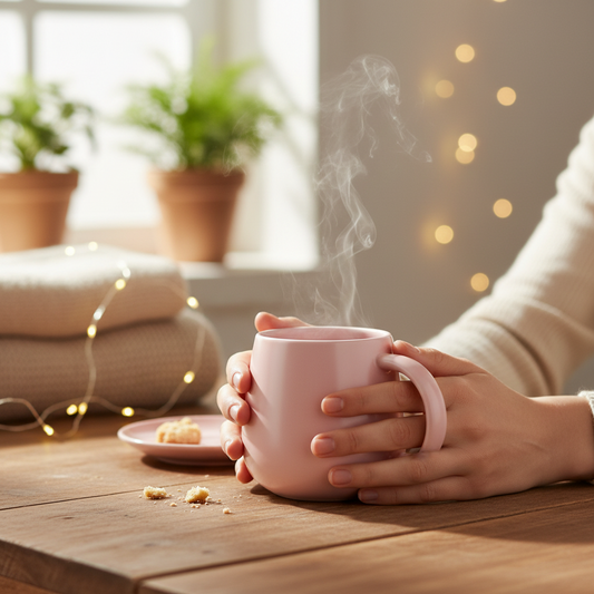 A person holds a steaming pink ceramic mug on a wooden table in a cozy indoor setting with potted plants, warm string lights, and folded blankets in the background.