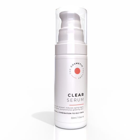 Clear serum bottle with pump on a white background