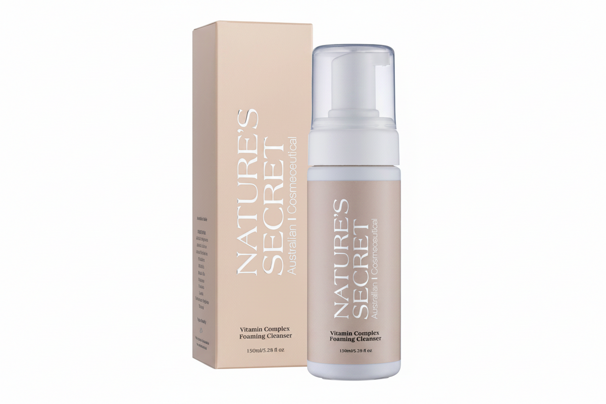 Nature's Secret Vitamin Complex Foaming Cleanser bottle with its beige packaging box, shown on a clean white background.
