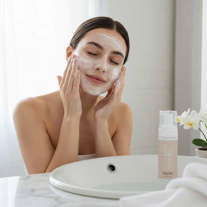 A woman with white face wash foam on her face sits at a bathroom sink, with a bottle of Natures Secret facial cleanser in the foreground.