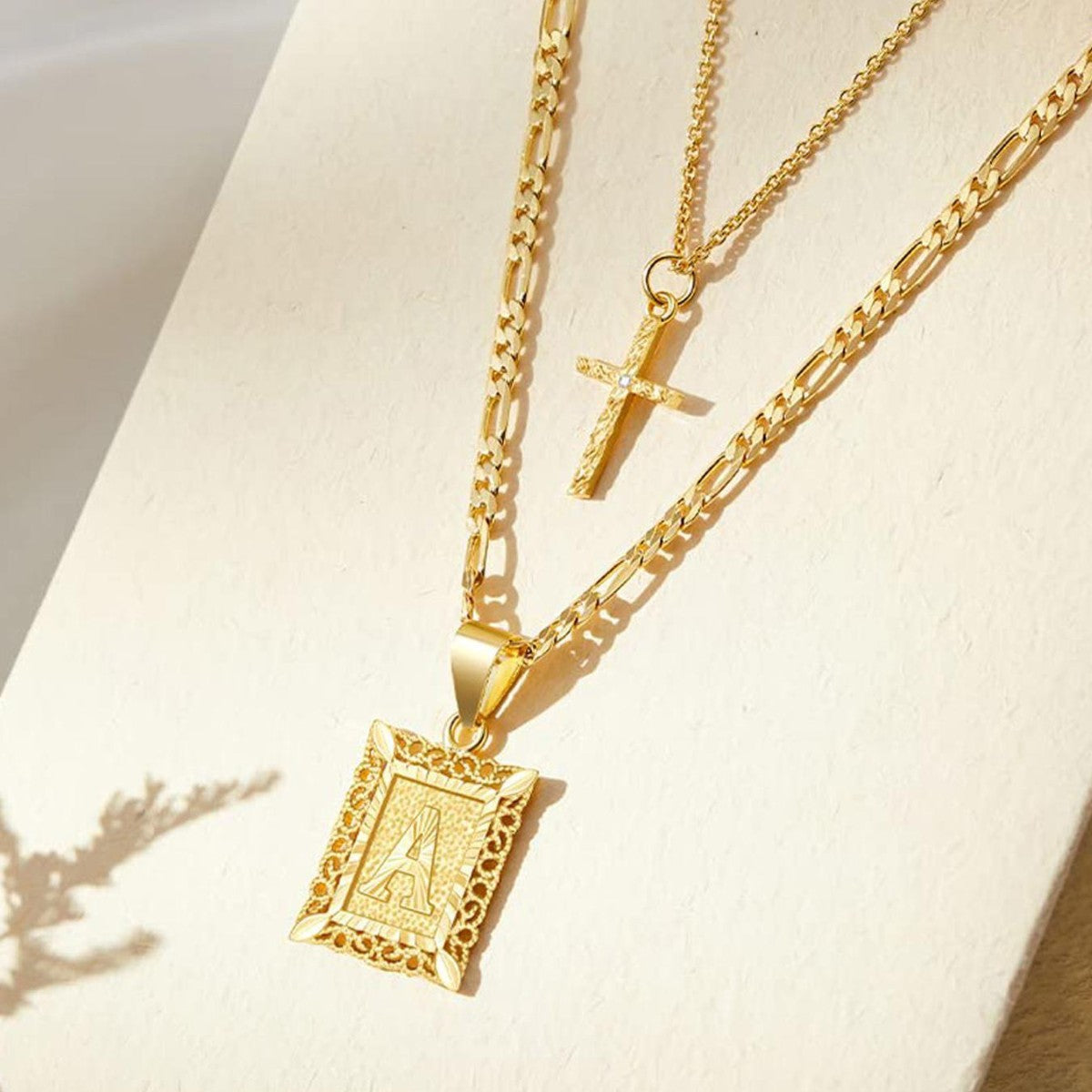 Personalised Copper Adjustable Layered Necklace Set(4PCS) - Custom A-Z Initial Letter Square + Cross Pendant & Double Cross Pendant Stacking Combo Kemu |Fashion Home Kitchen Beauty